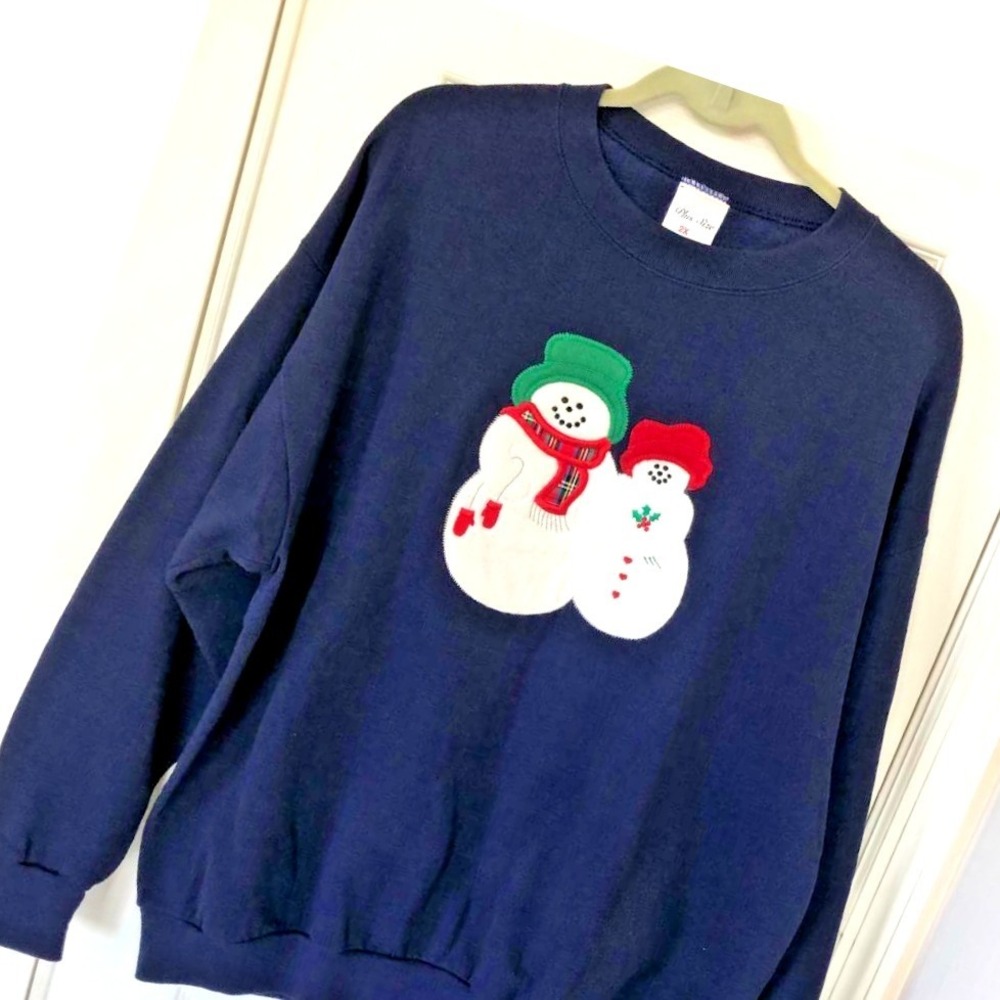 VTG Snowman Couple Sweatshirt Women's 2X Applique Embroider Y2K
